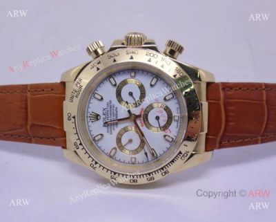 Rolex Daytona Replica Watch Brown Leather Bracelet White Dial/Gold Watch Case